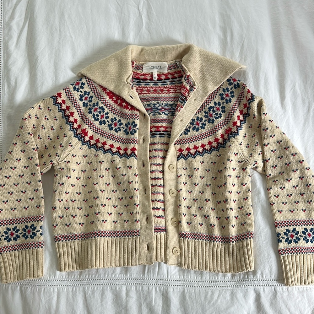 THE GREAT Mini Collar Cardigan Cream Floral Fair Isle sweater sz 0 XS
